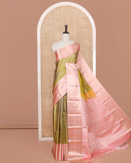 Leaf Green Budget Silk Saree, Meticulously Crafted with Floral Jacquard Design on Its Body, Complemented by a Contrast Traditional Zari Design Border, Intricately Designed Pallu, and Paired with a Contrast Blouse