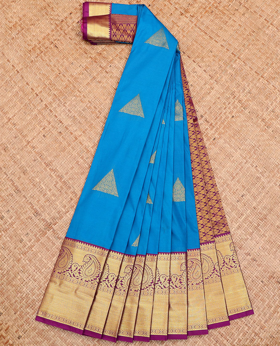 Blue Budget Silk Saree, Accentuated with Triangle Buttas All Over Its Body, Complemented by a Contrast Traditional Zari Design Border, Grand Jaal Pallu, and Paired with a Contrast Blouse