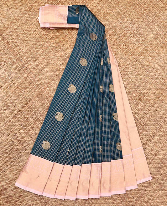 Blue Budget Silk Saree, Ornamented with Zari Buttas and Checks, Complemented by a Contrast Traditional Zari Border, Grand Pallu, and a Contrast Blouse