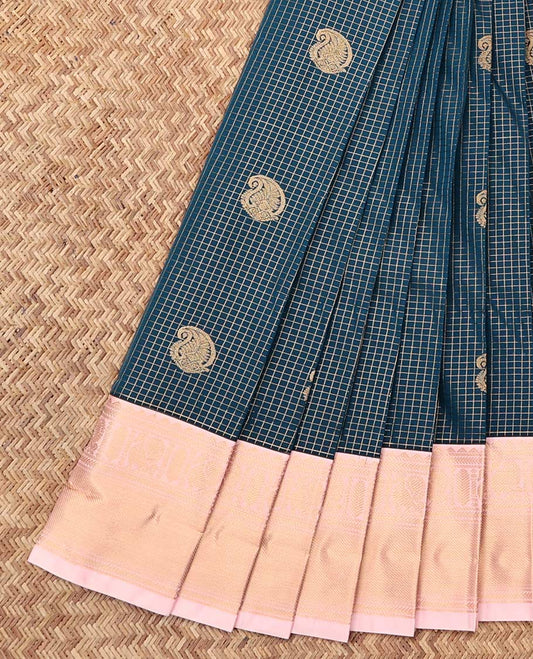 Blue Budget Silk Saree, Ornamented with Zari Buttas and Checks, Complemented by a Contrast Traditional Zari Border, Grand Pallu, and a Contrast Blouse