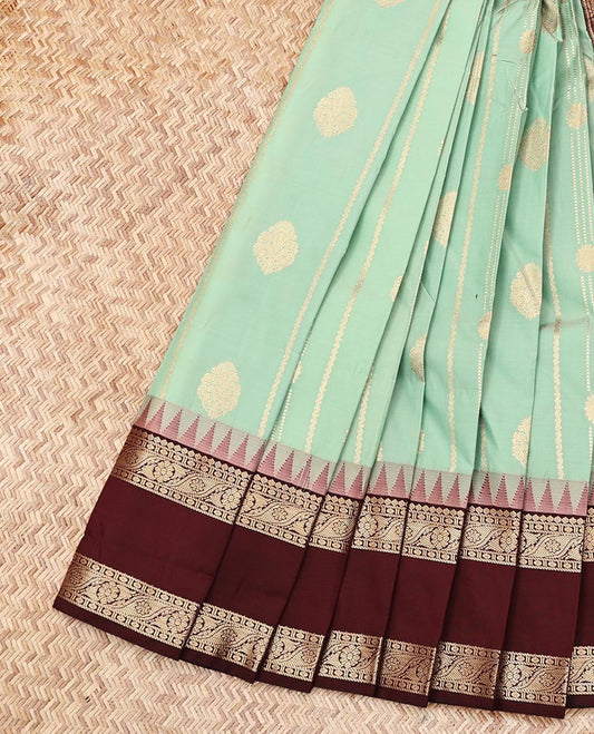 Green Budget Silk Saree, Adorned with Buttas and Stripes, Contrast Traditional Zari Rettai Pettu Border, Grand Pallu, and a Contrast Blouse