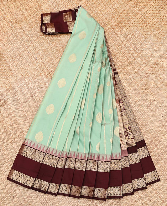 Green Budget Silk Saree, Adorned with Buttas and Stripes, Contrast Traditional Zari Rettai Pettu Border, Grand Pallu, and a Contrast Blouse
