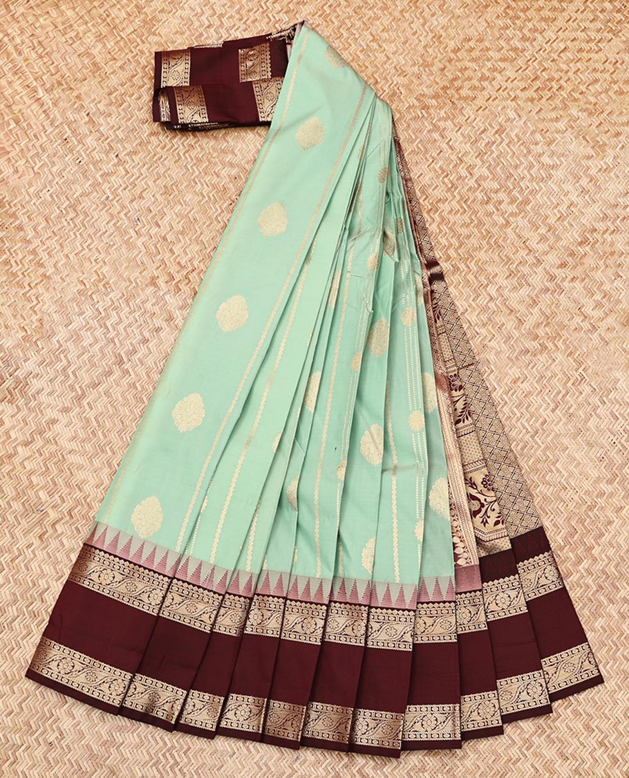 Green Budget Silk Saree, Adorned with Buttas and Stripes, Contrast Traditional Zari Rettai Pettu Border, Grand Pallu, and a Contrast Blouse