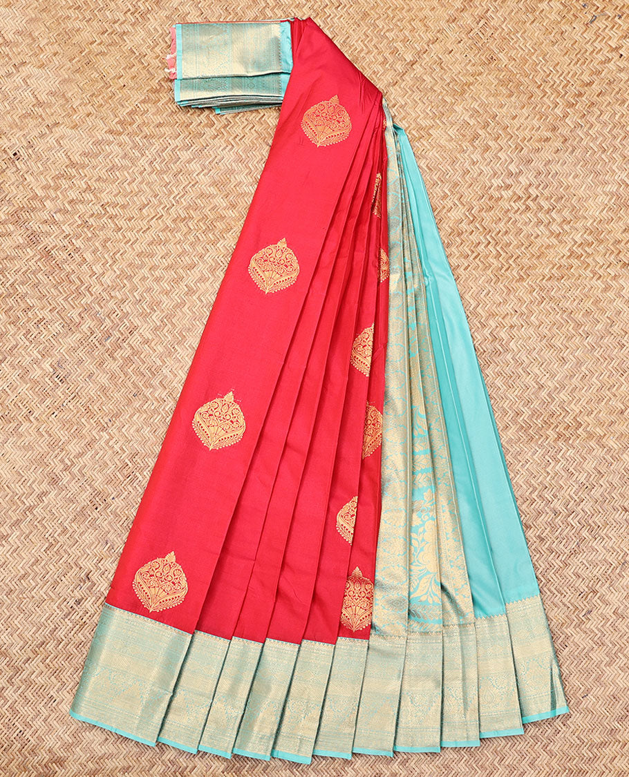 Red Budget Silk Saree, Adorned with Zari Buttas, Complemented by Contrast Traditional Zari Border, a Grand Pallu and a Contrast Blouse