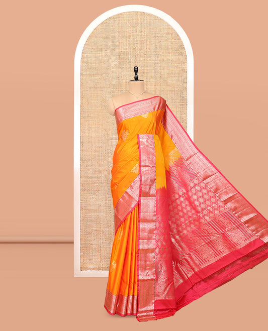 Yellow Budget Silk Saree, Beautifully Bedecked with Zari Buttas, Complemented by Contrast Traditional Zari Border, Pallu of Jaal and Paisleys, and Contrast Blouse