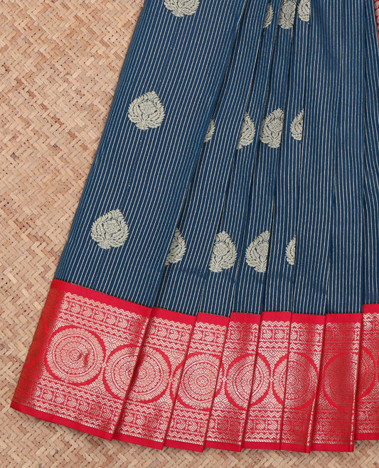 Blue Budget Silk Saree, Steeped with Zari Stripes and Zari Buttas All Over Its Body, Complemented by a Contrast Traditional Zari Border of Chakram Designs, a Grand Pallu of Jaal Design, and Paired with a Contrast Blouse