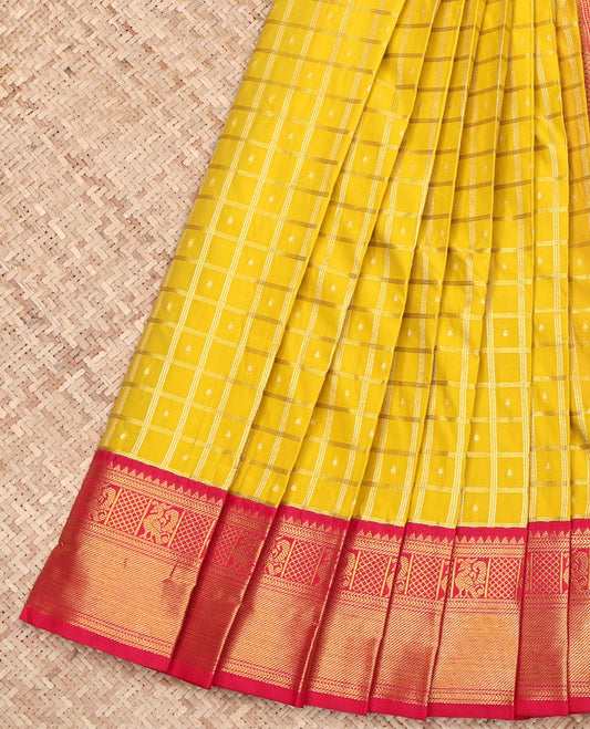 Yellow Budget Silk Saree, Gracefully Embellished with Zari Butta Enclosed Checks on Its Body, Complemented by a Contrast Traditional Zari Border, Grand Jaal Pallu, and Paired with a Contrast Blouse