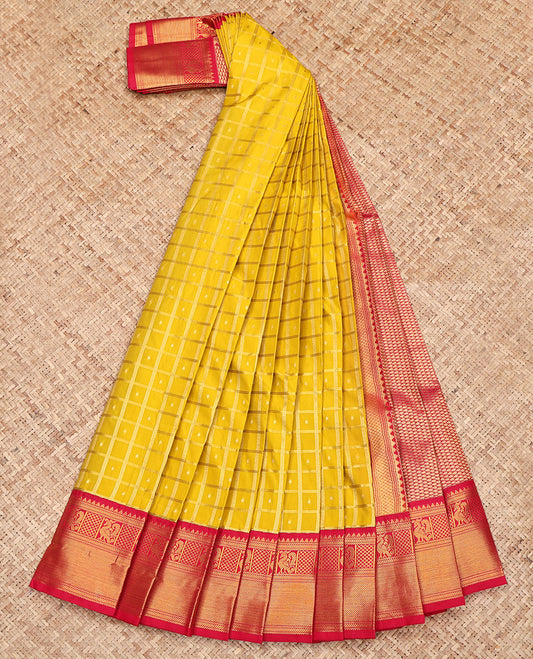 Yellow Budget Silk Saree, Gracefully Embellished with Zari Butta Enclosed Checks on Its Body, Complemented by a Contrast Traditional Zari Border, Grand Jaal Pallu, and Paired with a Contrast Blouse