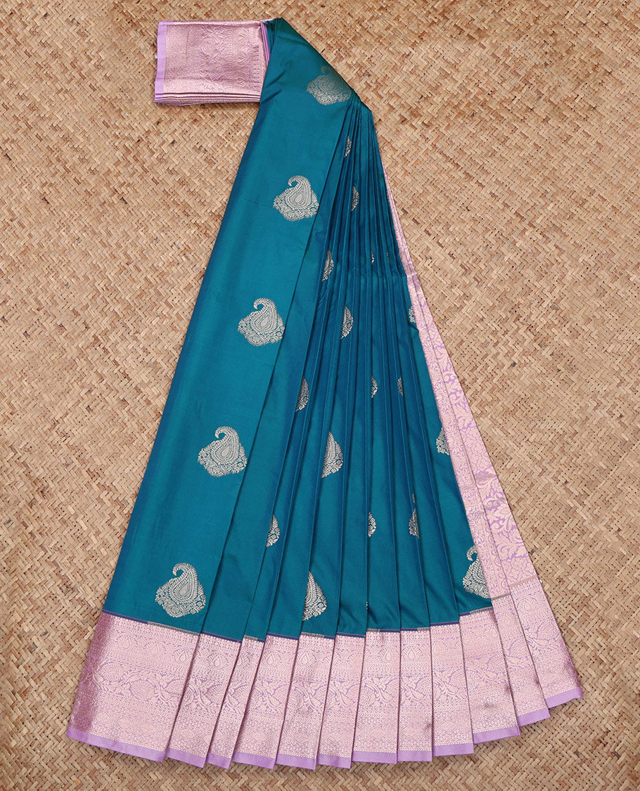 Blue Budget Silk Saree, Bedecked with Paisley Buttas All Over Its Body, Complemented by a Contrast Traditional Zari Design Rettai Pettu Border, Intricate Pallu, and Paired with a Contrast Blouse
