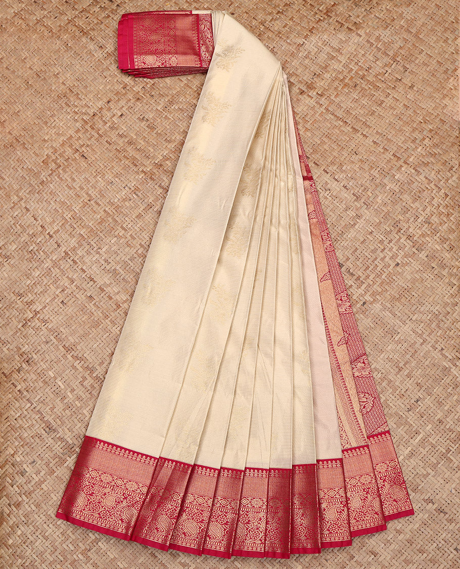 Cream Budget Silk Saree, Richly Detailed with Zari Buttas and Checks, Captivating Contrast Traditional Zari Design Border, Grand Pallu, and a Contrast Blouse