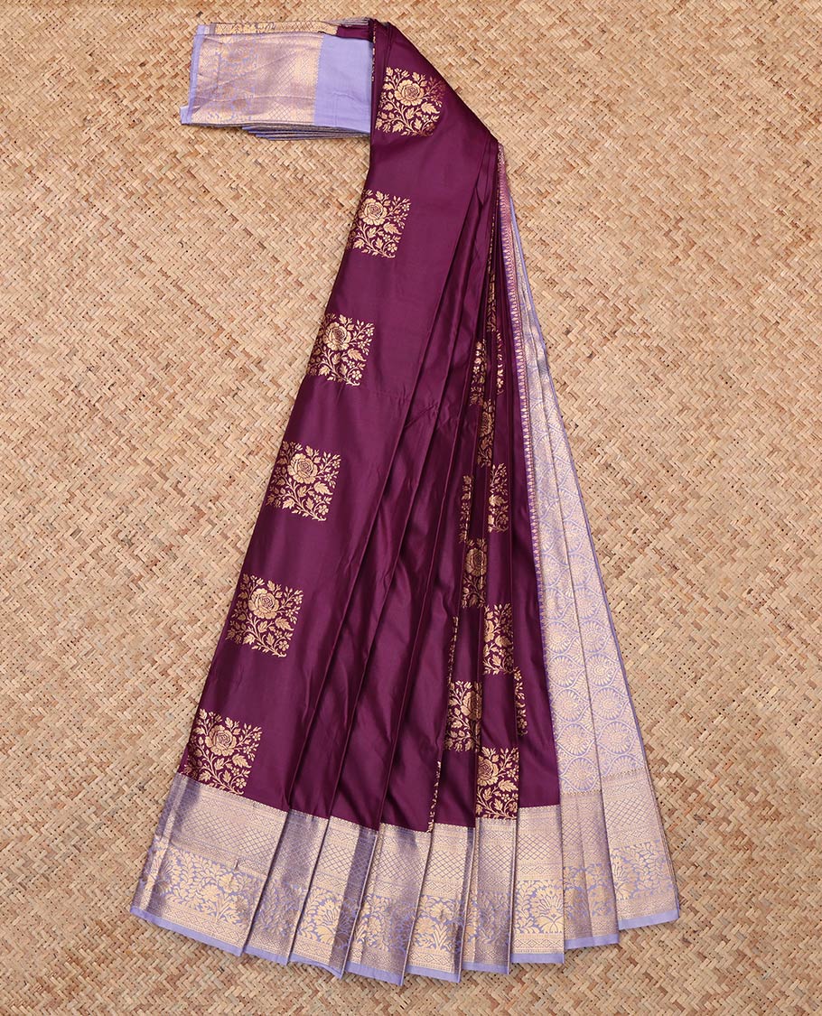 Brown Budget Silk Saree, Enriched with Square Buttas, Complemented by Contrast Traditional Zari Border, Grand Pallu and a Contrast Blouse