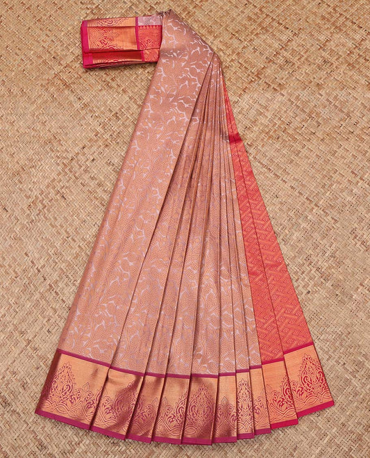 Brown Budget Silk Saree, Styled with Floral Vine Design, Complemented by a Contrast Zari Border, Grand Pallu, and a Contrast Blouse