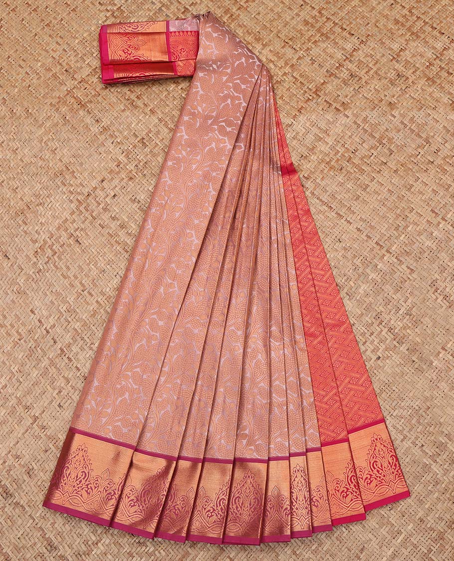 Brown Budget Silk Saree, Styled with Floral Vine Design, Complemented by a Contrast Zari Border, Grand Pallu, and a Contrast Blouse