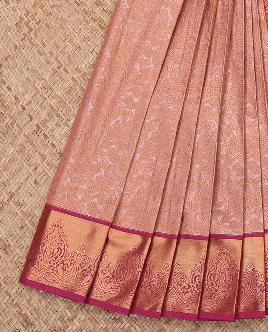 Brown Budget Silk Saree, Styled with Floral Vine Design, Complemented by a Contrast Zari Border, Grand Pallu, and a Contrast Blouse