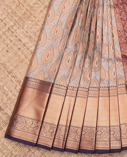 Grey Budget Silk Saree, Uniquely Detailed with Jacquard Design, Complemented by a Contrast Traditional Zari Border, Jaal  Pallu, and a Contrast Blouse