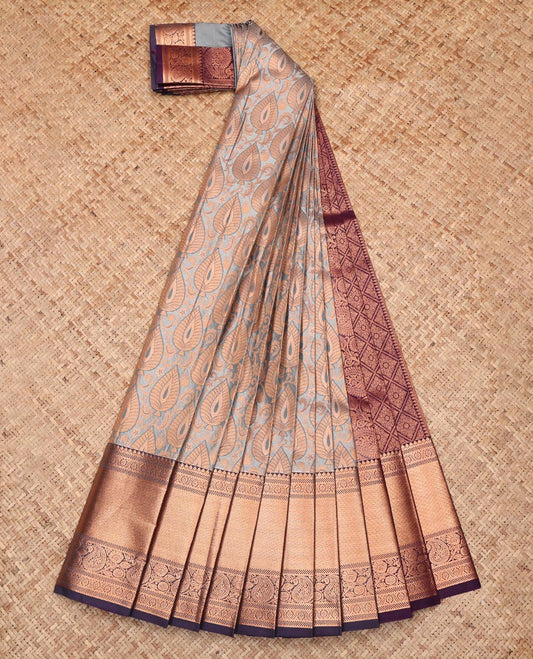 Grey Budget Silk Saree, Uniquely Detailed with Jacquard Design, Complemented by a Contrast Traditional Zari Border, Jaal  Pallu, and a Contrast Blouse