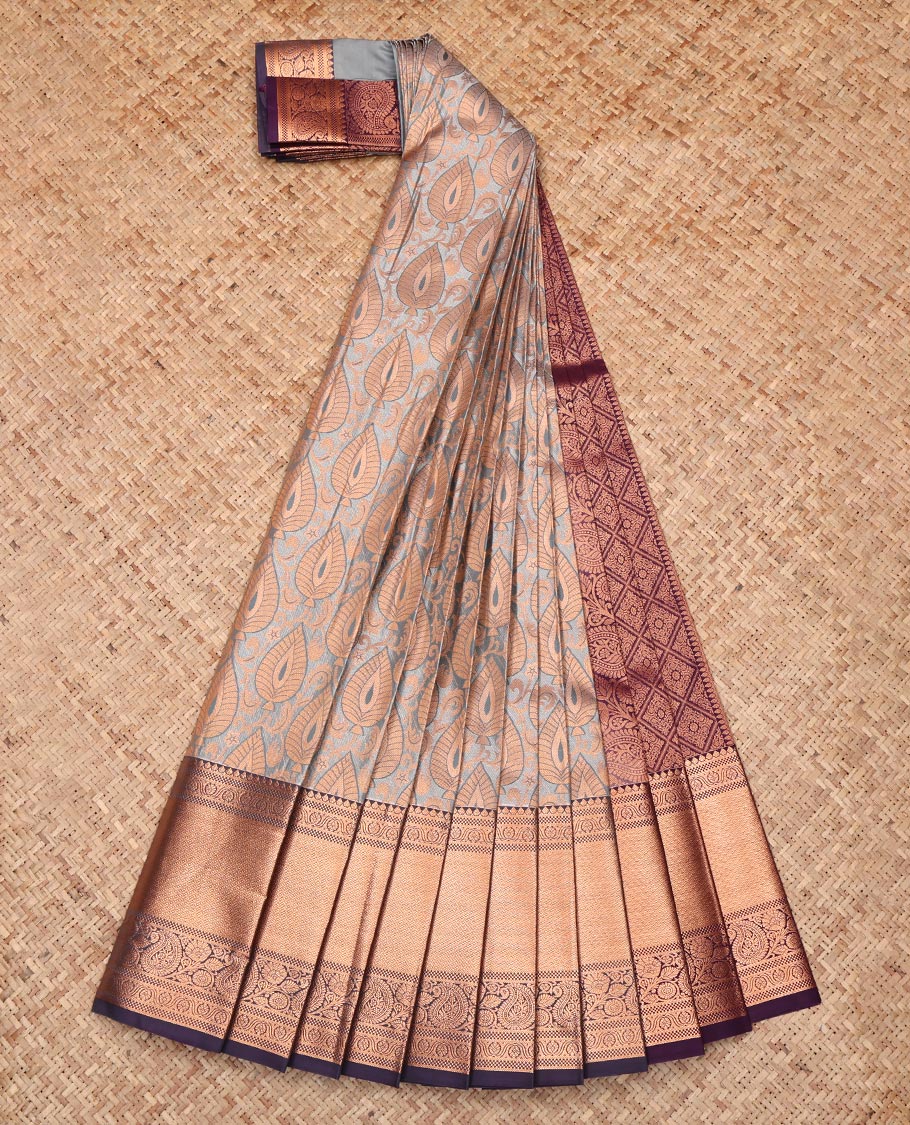 Grey Budget Silk Saree, Uniquely Detailed with Jacquard Design, Complemented by a Contrast Traditional Zari Border, Jaal  Pallu, and a Contrast Blouse