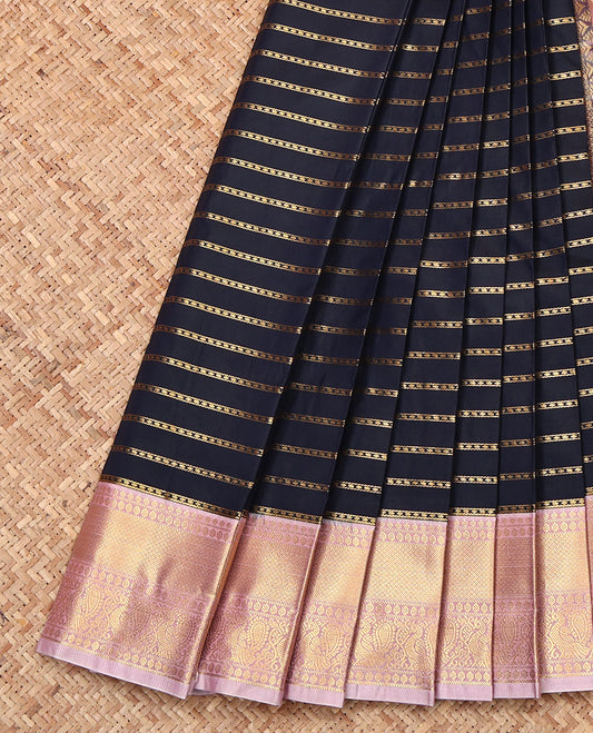 Navy Budget Silk Saree, Majestically Detailed with Zari Stripes, Complemented by Contrast Traditional Zari Border, Grand Pallu, and a Contrast Blouse