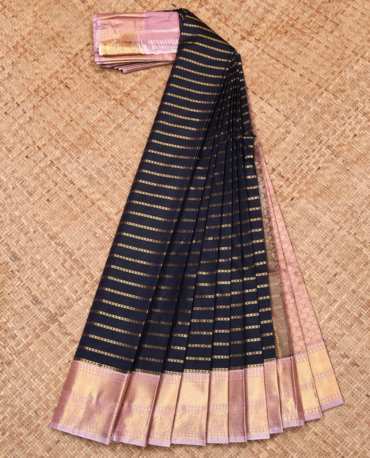 Navy Budget Silk Saree, Majestically Detailed with Zari Stripes, Complemented by Contrast Traditional Zari Border, Grand Pallu, and a Contrast Blouse