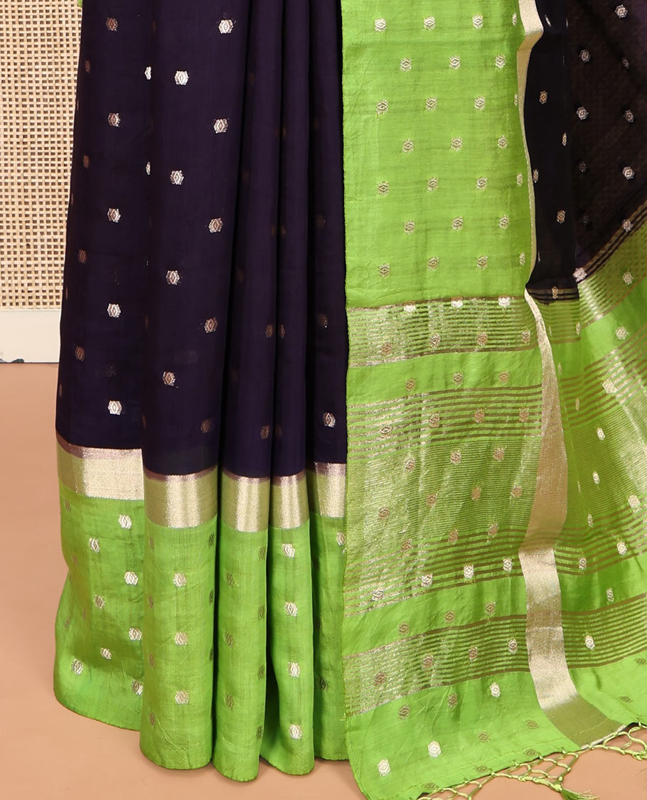 Blue Assam Silk Saree, Enthralled with Zari Buttas, Complemented by a Contrast Zari Buttas Woven Border, Zari-Design Pallu, and a Contrast Blouse