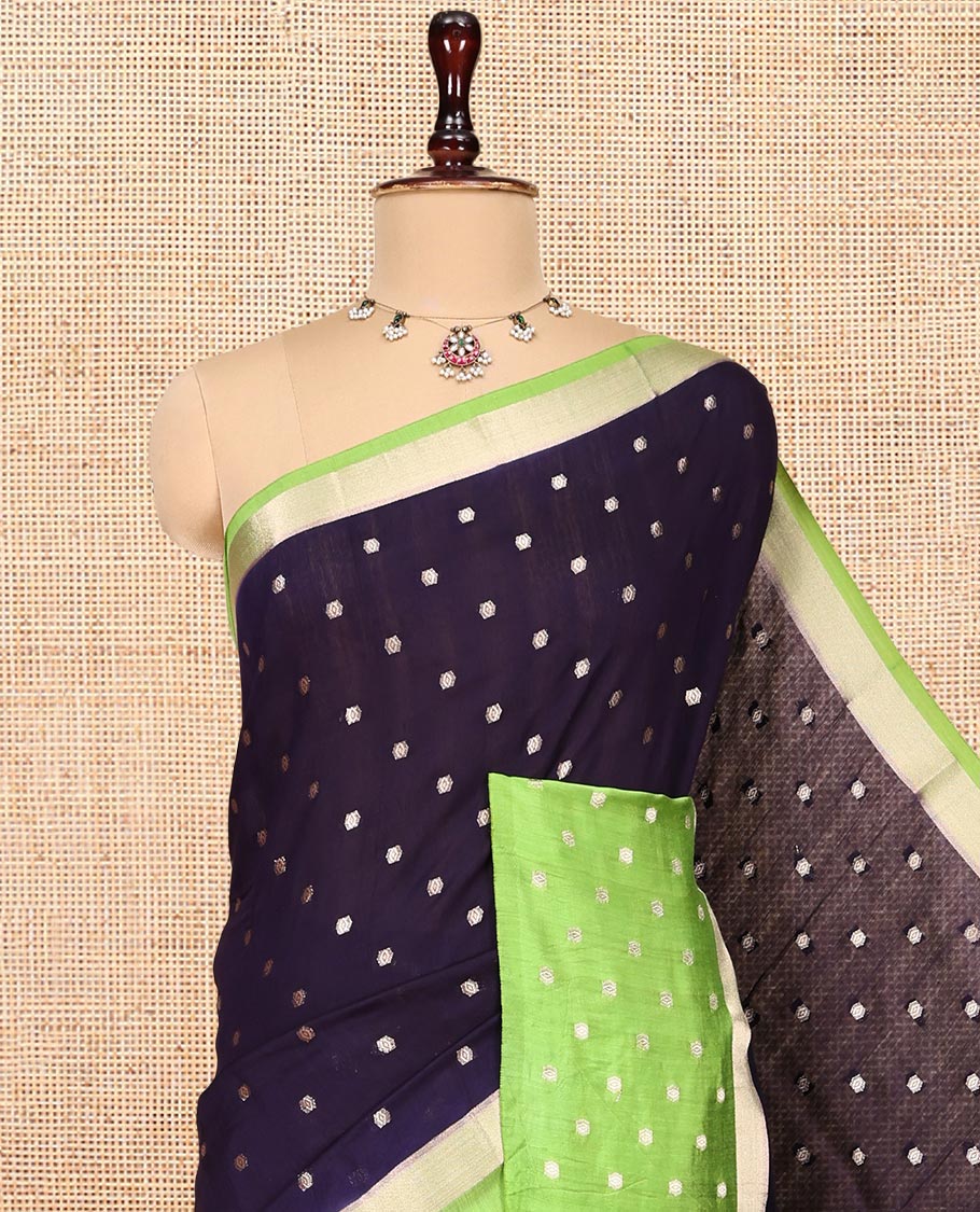Blue Assam Silk Saree, Enthralled with Zari Buttas, Complemented by a Contrast Zari Buttas Woven Border, Zari-Design Pallu, and a Contrast Blouse