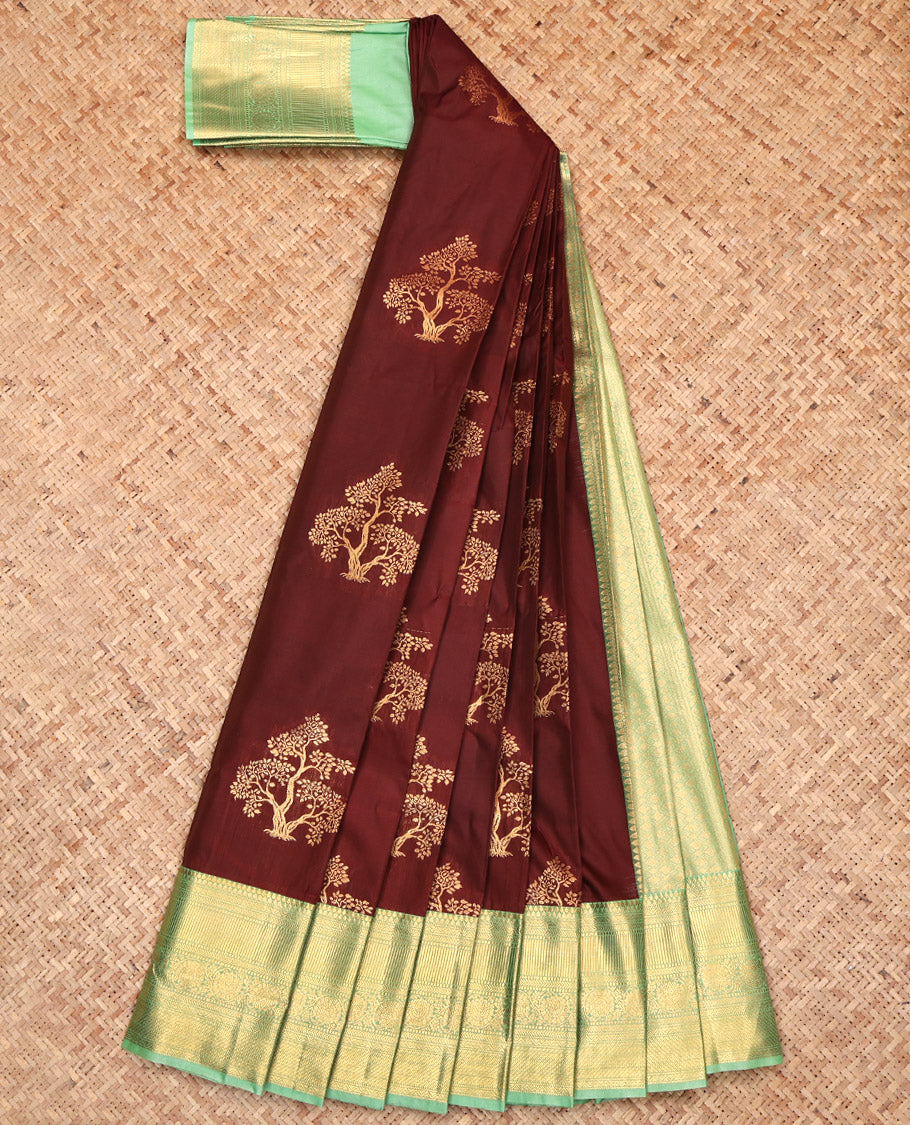 Brown Budget Silk Saree, Bedecked with Tree Zari Buttas, Complemented by a Contrast Traditional Border, Grand Pallu, and a Contrast Blouse