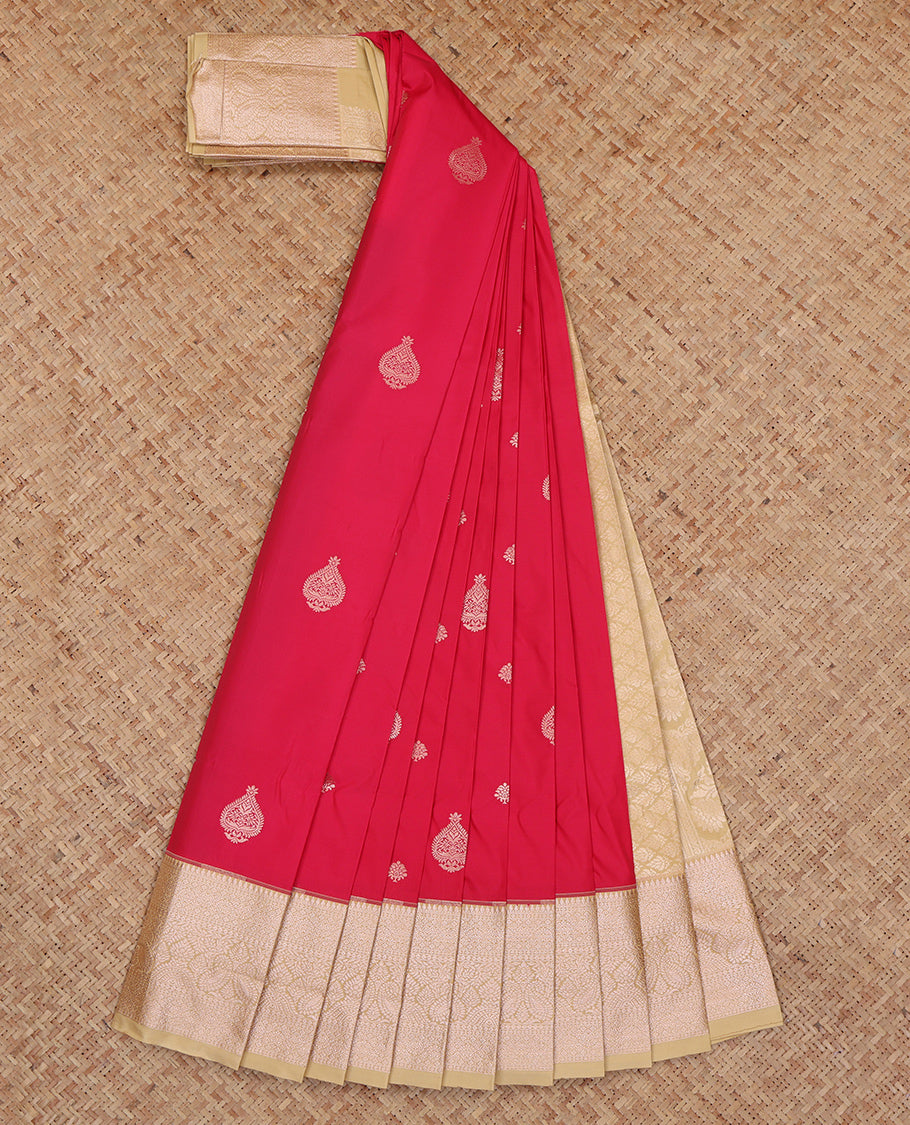 Red Budget Silk Saree, Mesmerized with Zari Buttas, Complemented by a Contrast Traditional Zari Border, Grand Pallu, and a Contrast Blouse