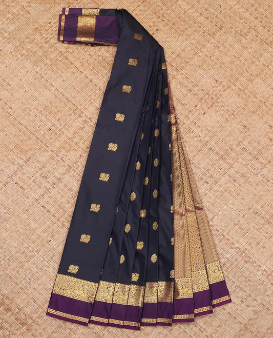 Blue Budget Silk Saree, Adorned with Peacock and Floral Buttas, a Contrast Traditional Zari Rettai Pettu Border, a Grand Pallu and a Contrast Blouse