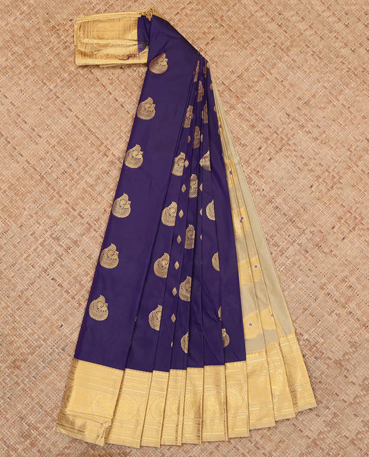 Navy Blue Budget Silk Saree, Crafted with Zari Buttas, Complemented by Contrast Traditional Zari Border, a Grand Pallu and a Contrast Blouse