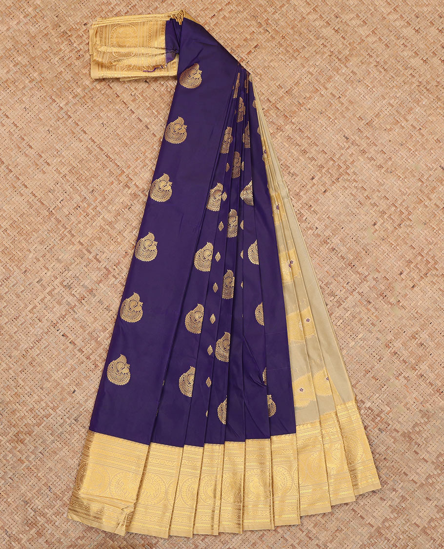 Navy Blue Budget Silk Saree, Crafted with Zari Buttas, Complemented by Contrast Traditional Zari Border, a Grand Pallu and a Contrast Blouse