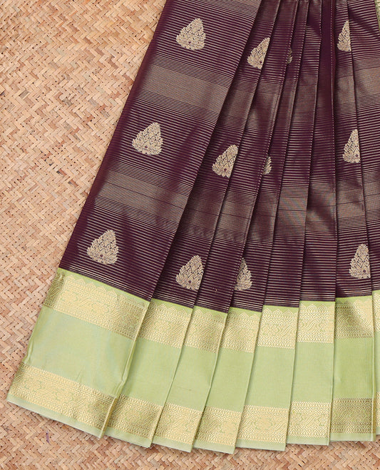 Maroon Budget Silk Saree, Beautifully Bedecked with Zari Buttas and Stripes, a Contrast Traditional Zari Rettai Pettu Border, Grand Pallu, and a Contrast Blouse