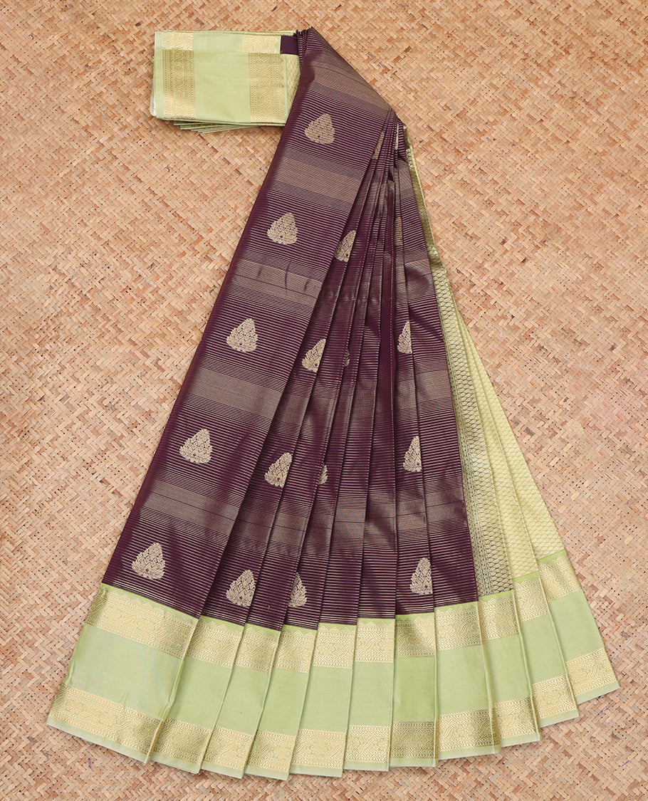 Maroon Budget Silk Saree, Beautifully Bedecked with Zari Buttas and Stripes, a Contrast Traditional Zari Rettai Pettu Border, Grand Pallu, and a Contrast Blouse