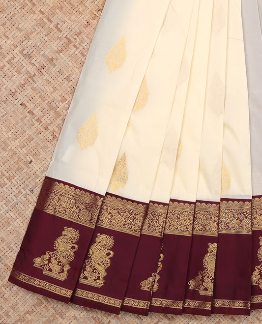 Cream Elephant Lion Design Budget Silk Saree