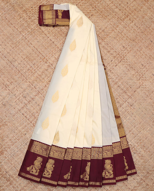 Cream Elephant Lion Design Budget Silk Saree