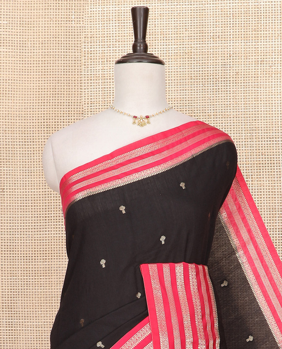 Black zari buttas Assam silk saree, contrast traditional zari design border, and pallu of zari stripes and buttas