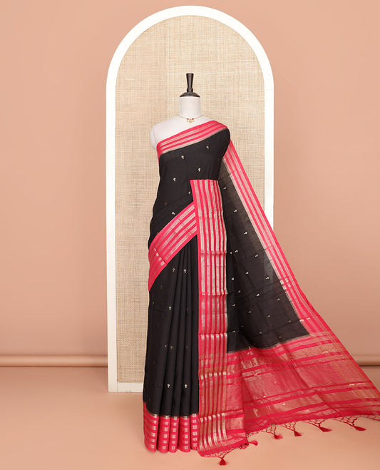 Black zari buttas Assam silk saree, contrast traditional zari design border, and pallu of zari stripes and buttas