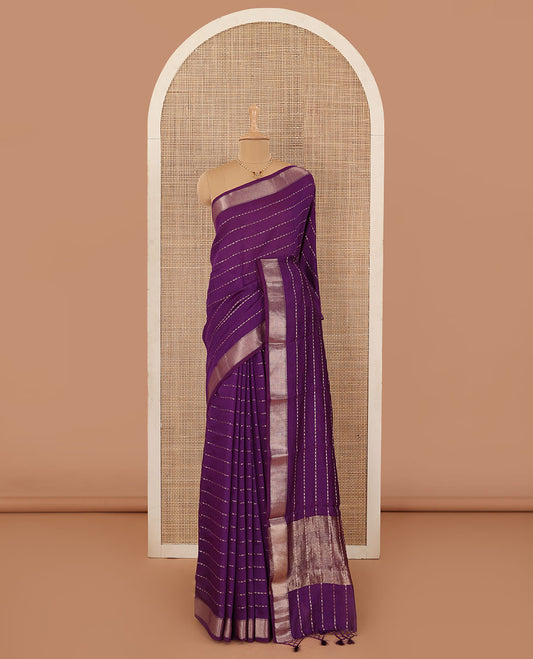 Purple horizontal striped Assam cotton saree, traditional zari border, and zari striped pallu