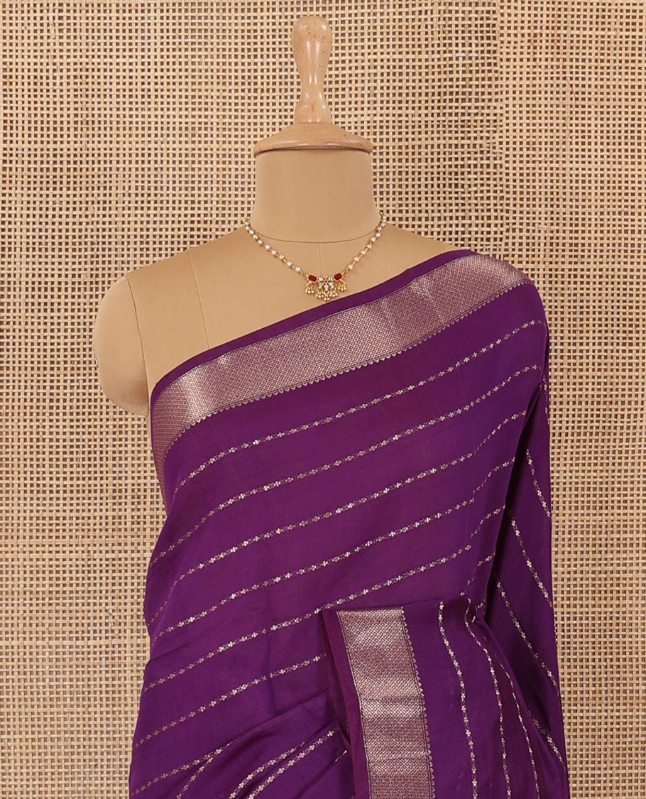 Purple horizontal striped Assam cotton saree, traditional zari border, and zari striped pallu