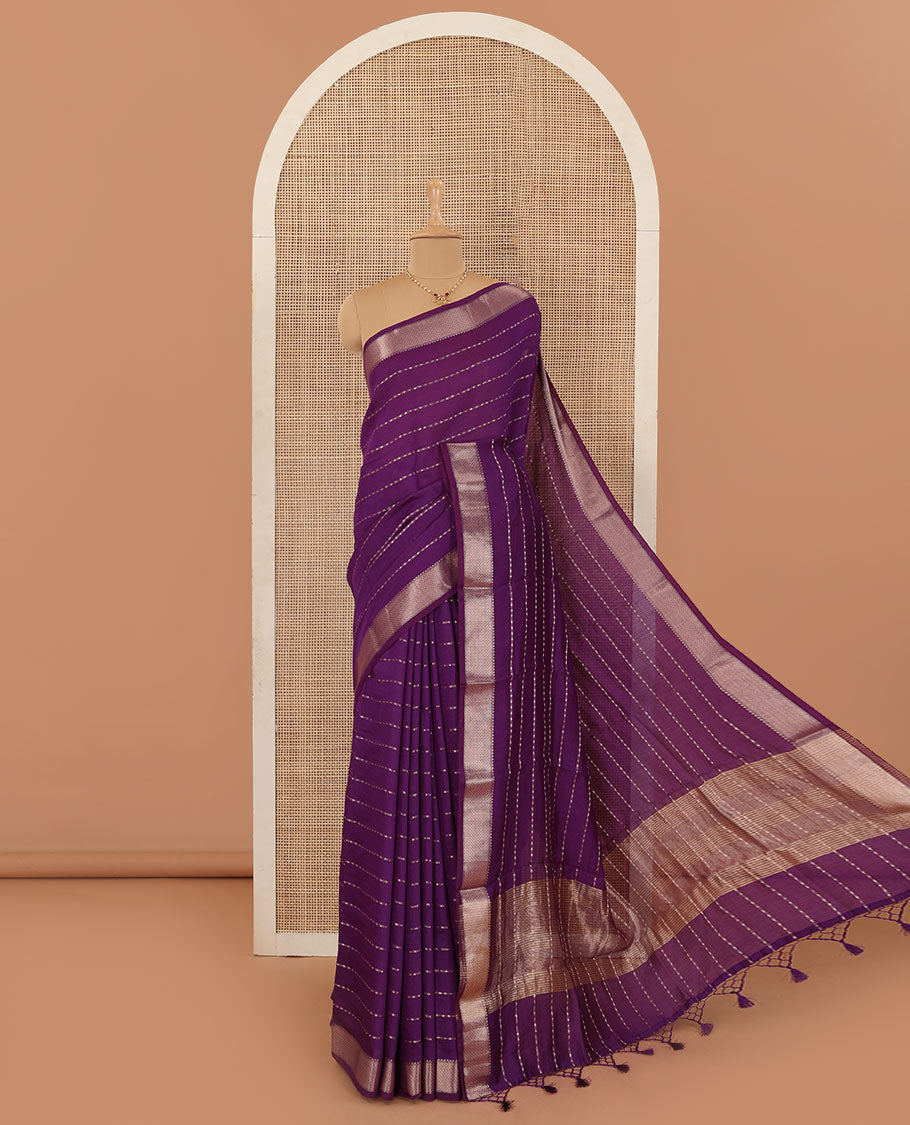 Purple horizontal striped Assam cotton saree, traditional zari border, and zari striped pallu