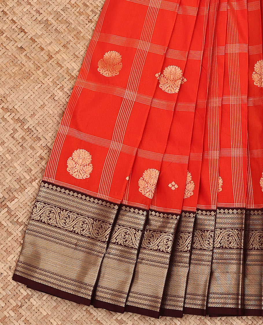 Orange Budget Silk Saree, Mesmerized with Zari Butta Enclosed Checks All Over Its Body, Complemented by a Contrast Traditional Zari Design Border, Pallu of Jaal Designs, and Paired with a Contrast Blouse