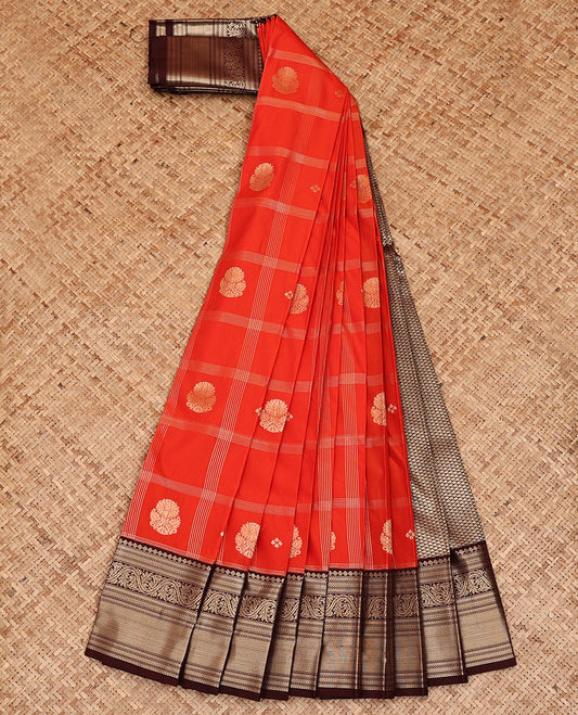 Orange Budget Silk Saree, Mesmerized with Zari Butta Enclosed Checks All Over Its Body, Complemented by a Contrast Traditional Zari Design Border, Pallu of Jaal Designs, and Paired with a Contrast Blouse
