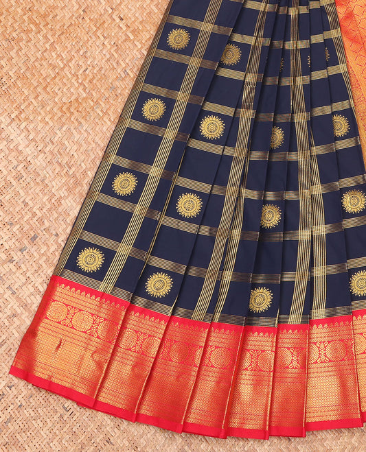 Navy Blue Budget Silk Saree, Bedecked with Zari Butta Enclosed Checks on Its Body, Complemented by a Contrast Traditional Zari Design Border, Grand Jaal Pallu, and Paired with a Contrast Blouse