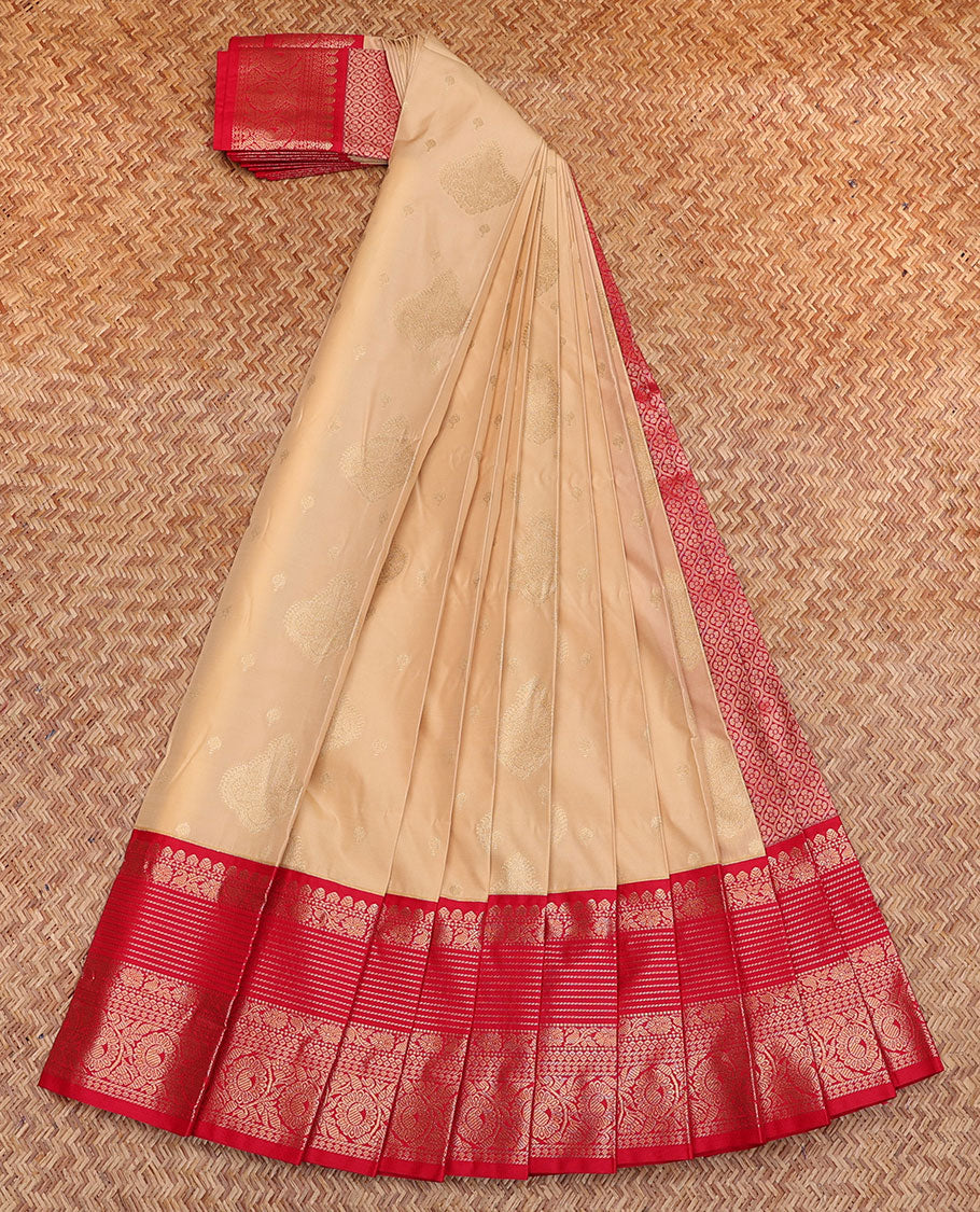 Sandal Budget Silk Saree, Sparsely Sparkled with Zari Buttas, Contrast Traditional Zari Border, Grand Jaal Pallu, and a Contrast Blouse
