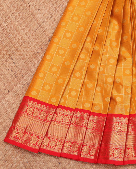 Yellow Budget Silk Saree, Subtly Sparkled with Zari Butta Enclosed Checks, Complemented by a Contrast Traditional Zari Border, Grand Pallu, and a Contrast Blouse