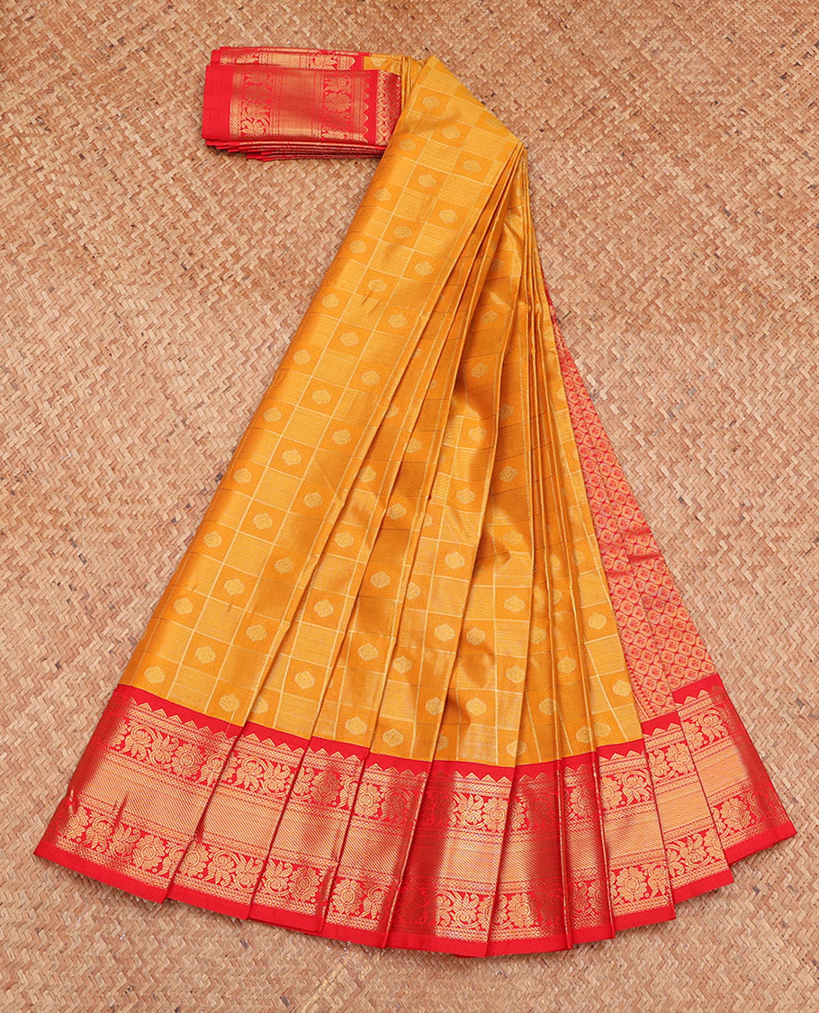 Yellow Budget Silk Saree, Subtly Sparkled with Zari Butta Enclosed Checks, Complemented by a Contrast Traditional Zari Border, Grand Pallu, and a Contrast Blouse