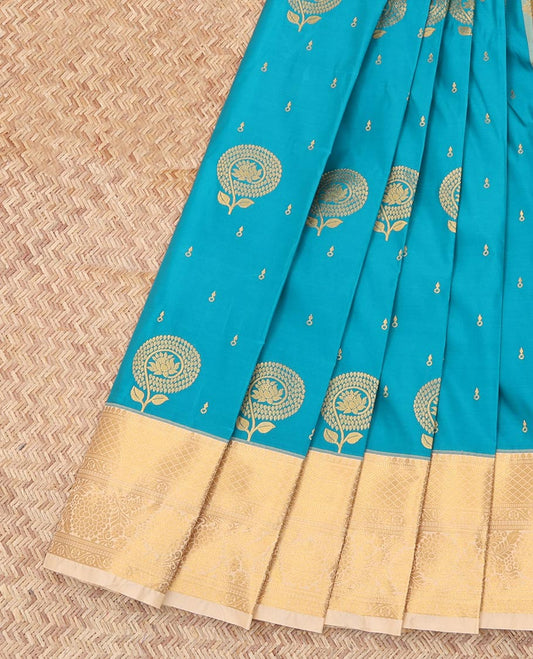 Blue Budget Silk Saree, Detailed with Zari Buttas, Complemented by Contrast Traditional  Zari Border, a Grand Pallu and a Contrast Blouse
