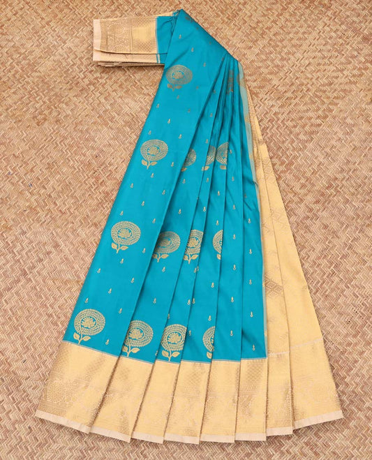 Blue Budget Silk Saree, Detailed with Zari Buttas, Complemented by Contrast Traditional  Zari Border, a Grand Pallu and a Contrast Blouse