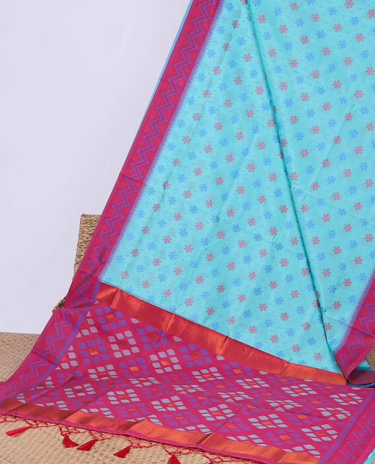Blue floral motifs butter silk saree with contrast zig zag striped border & geometric motifs pallu