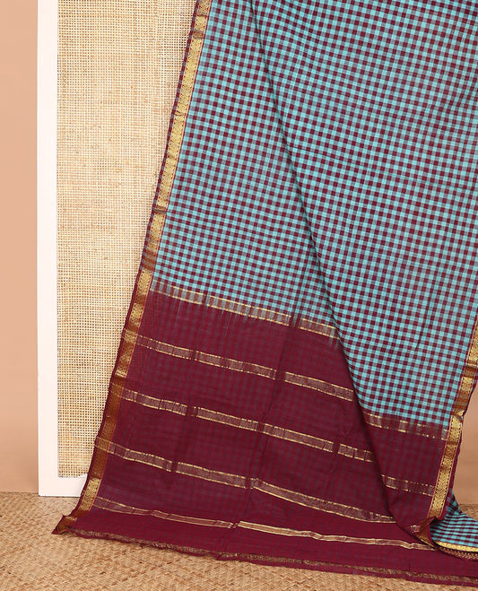 Multi-color micro-checked Andhra cotton saree, contrast paisleys border, and pallu of zari stripes