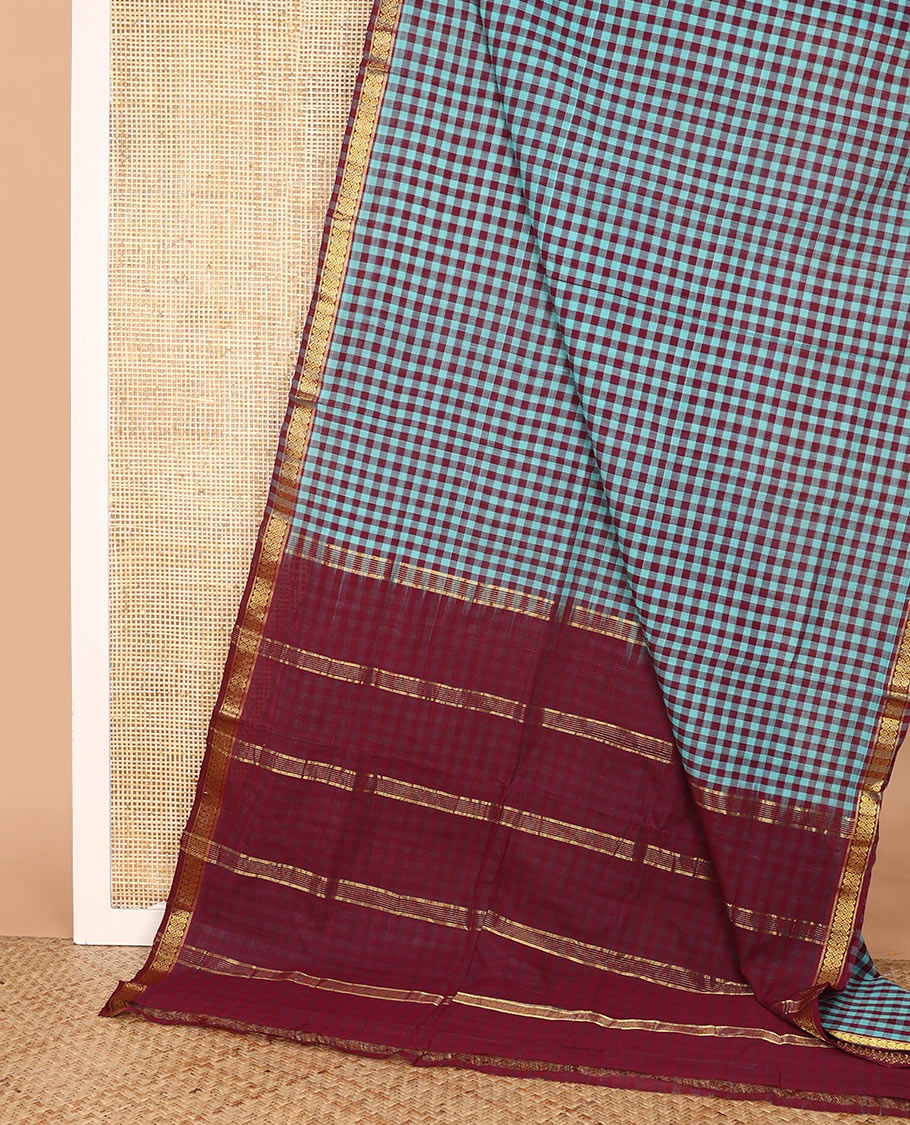 Multi-color micro-checked Andhra cotton saree, contrast paisleys border, and pallu of zari stripes